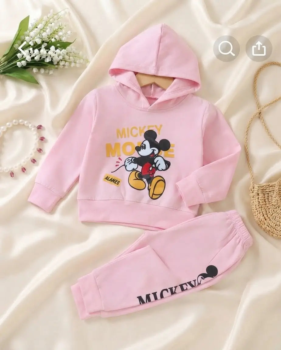 Winter 2 Pcs Girl's Fleece Printed Hoodie Tracksuit