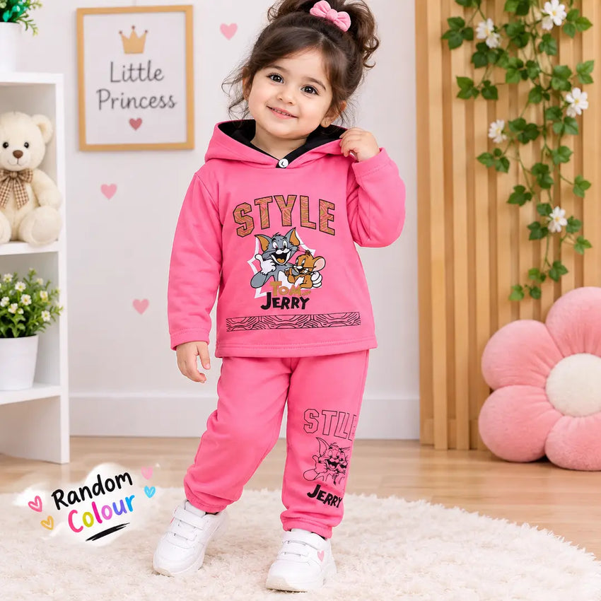 Winter 2 Pcs Girl's Fleece Printed Hoodie Tracksuit