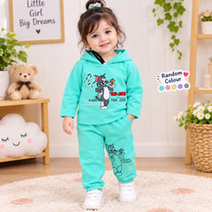 Winter 2 Pcs Girl's Fleece Printed Hoodie Tracksuit