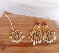 Gold Plated Earrings Set with Bindiya Pendant for Pakistani Brides