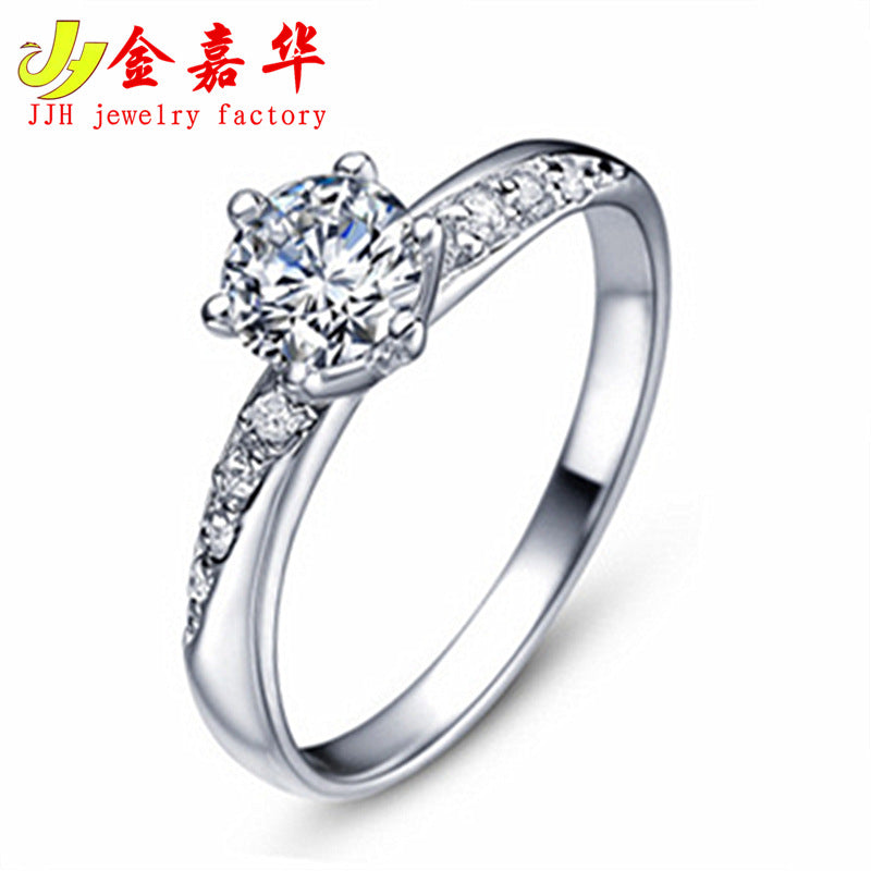 Platinum Plated Zircon Six Claw Ring for Daily Wear