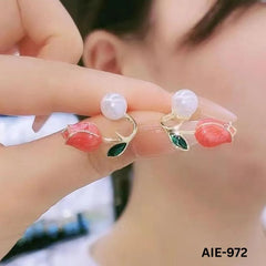 Flower Pearl Earrings Pink Green Leaf Lightweight Daily Wear