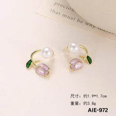 Flower Pearl Earrings Pink Green Leaf Lightweight Daily Wear