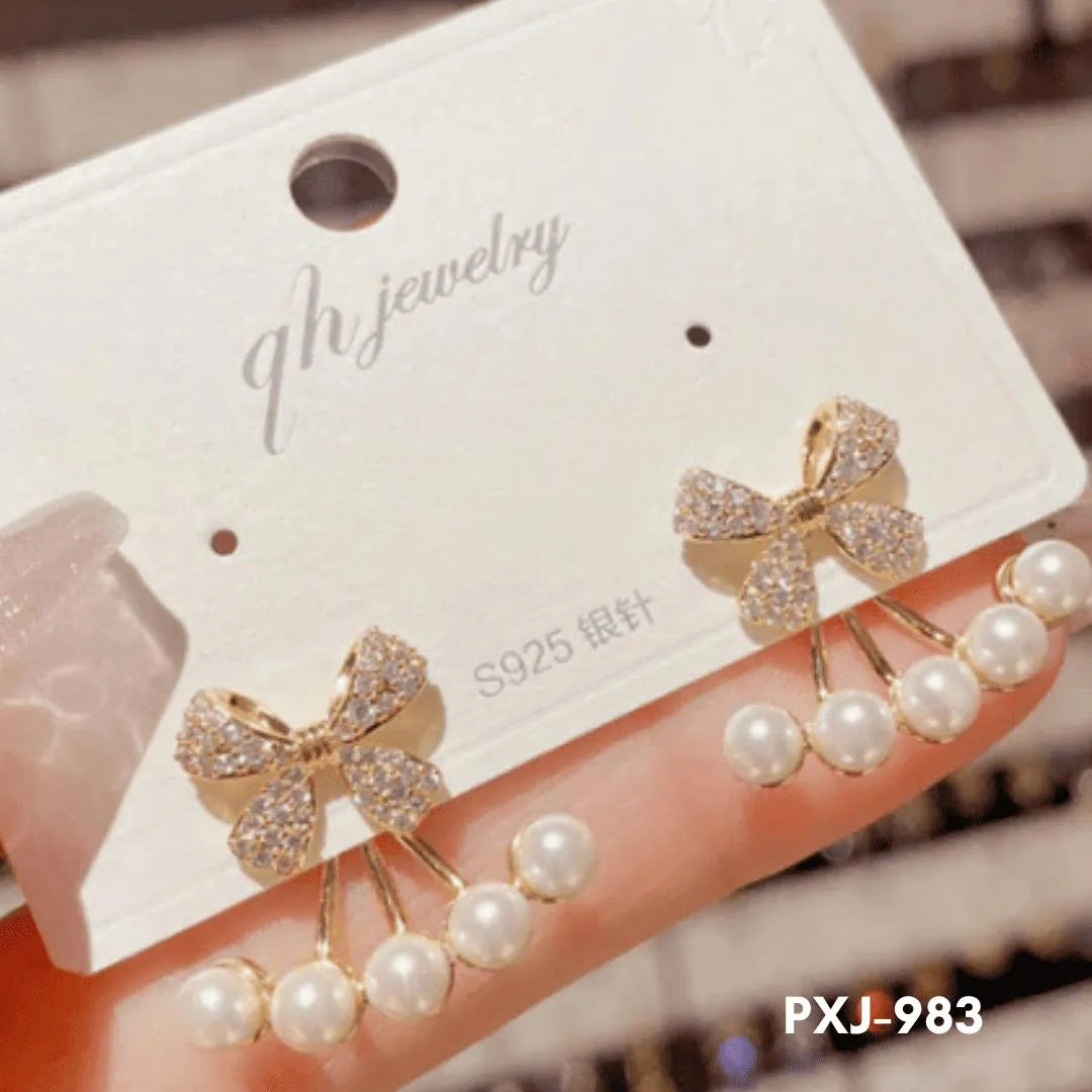 Bow Pearl Zircon Earrings Golden Silver Lightweight
