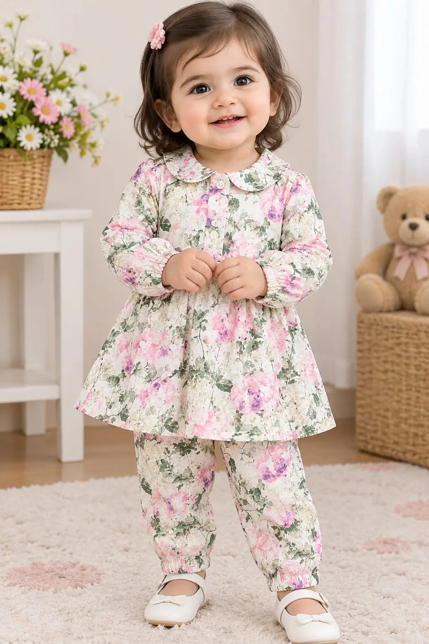 2 Pcs Girl's Khaddar Plain Frock And Trouser Set