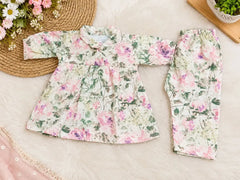 2 Pcs Girl's Khaddar Plain Frock And Trouser Set