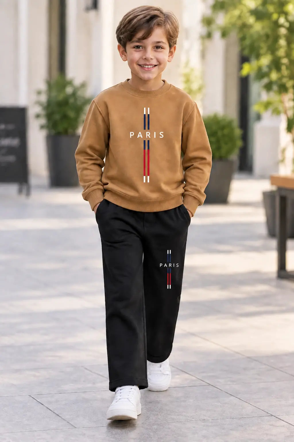 2 Pcs Boy's  Premium Camel & Black PARIS Tracksuit Set