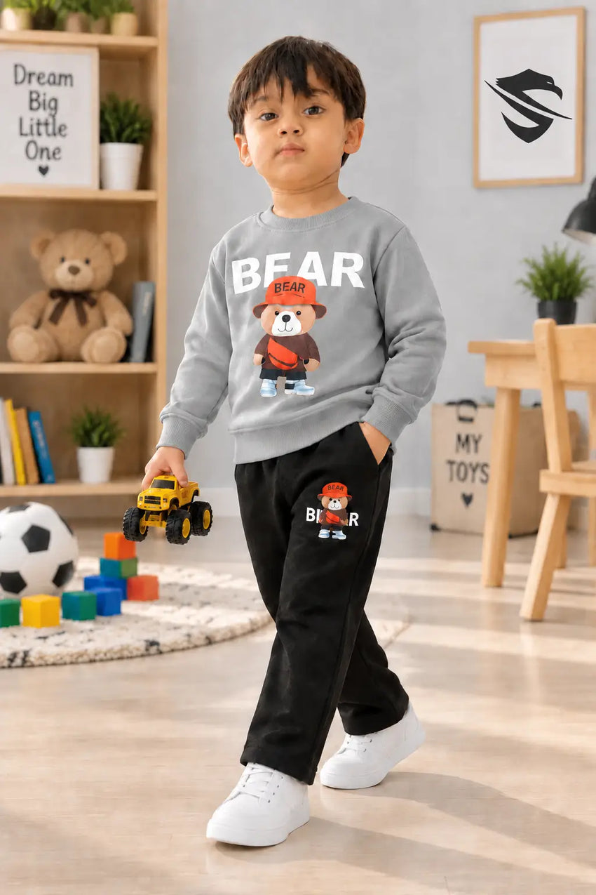 Bear Grey And Black 2 Pcs Boy's Cotton Printed Tracksuit